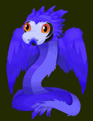 A purple orange-eyed serpent with feathered wings, head and tail. It opens its mouth, blinks, looks around, shakes its head & feathers, bobs its tail and opens its wings slightly. A red forked tongue occasionally peeks out of its mouth.