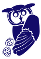 Vector silhouette of an owl with a wing outstretched at two ten-sided dice