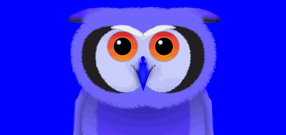 A purple owl opening and closing its beak, blinking, raising one wing, looking to the left and showing a shocked expression.