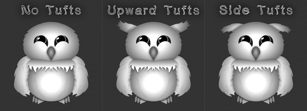 Customizable Owls Example Three white owls, from left to right: No Tufts, Upward Tufts, and Side Tufts.