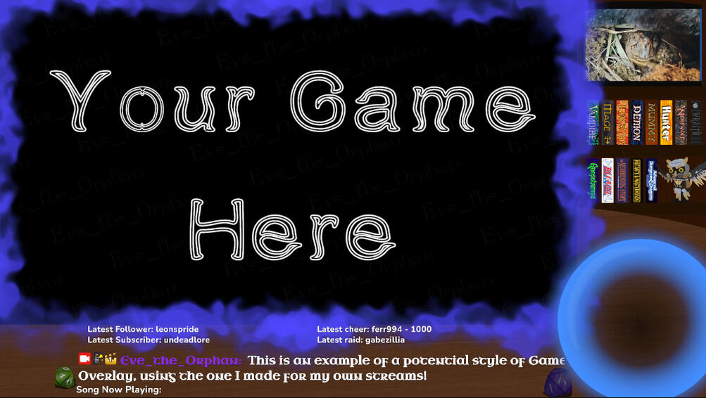 A wood table with a crystal ball, a couple of ten-sided dice, and a portal of purple smoke. A bookshelf is in the background with a turtle tank.