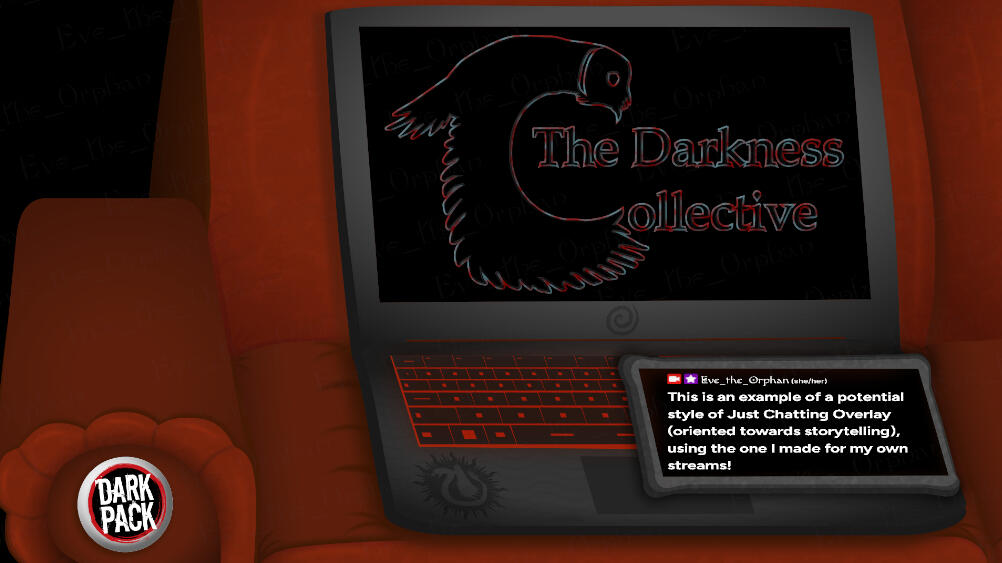 Just Chatting Overlay Example A brown leather couch with a laptop sitting on it. On top of the laptop sits a phone containing the text, "This is an example of a Just Chatting Overlay (oriented towards storytelling), using the one I made for my own streams!"